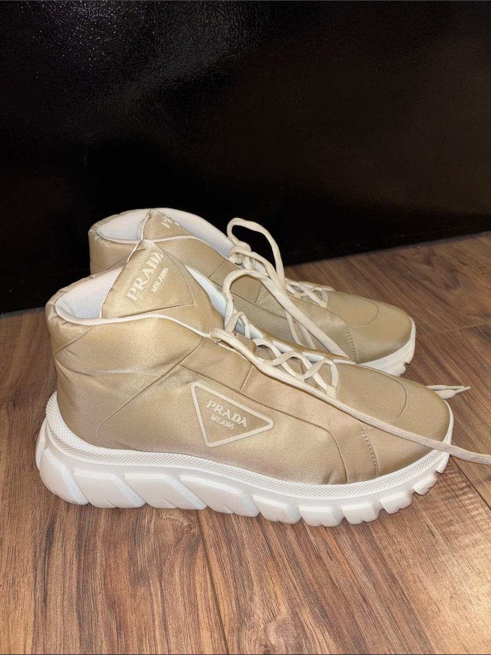 Prada Gold-Beige High-Top Sneakers